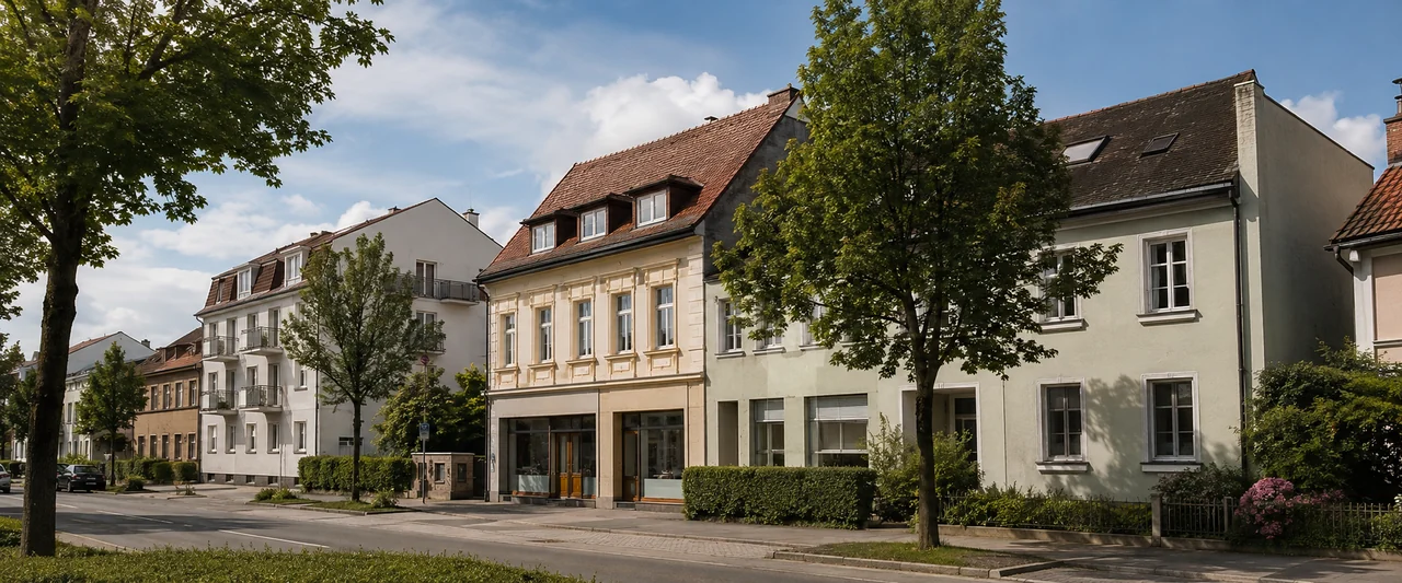 Mitteleuropäischer Straßenzug mit Wohn- und Geschäftshäusern