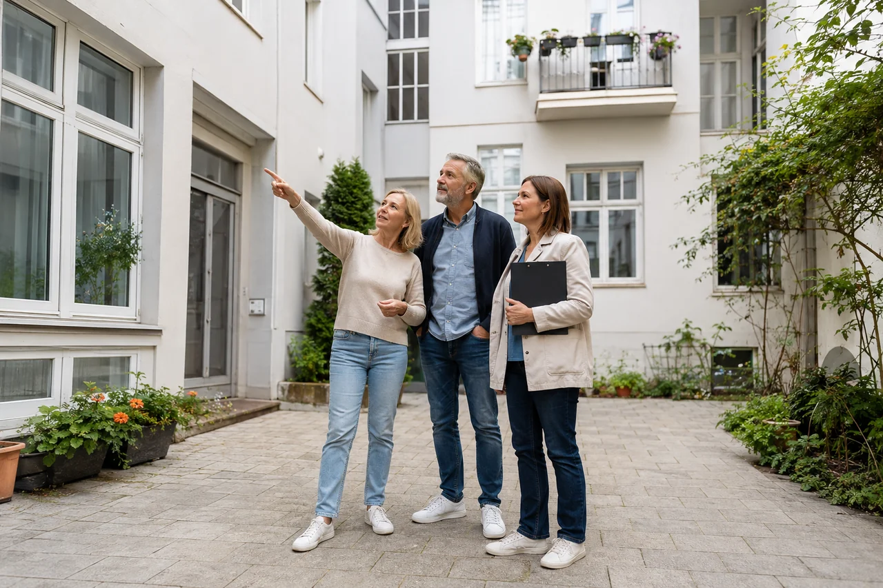 Eigentümerpaar zeigt einer Immobilienberaterin ein Wohnhaus im Innenhof