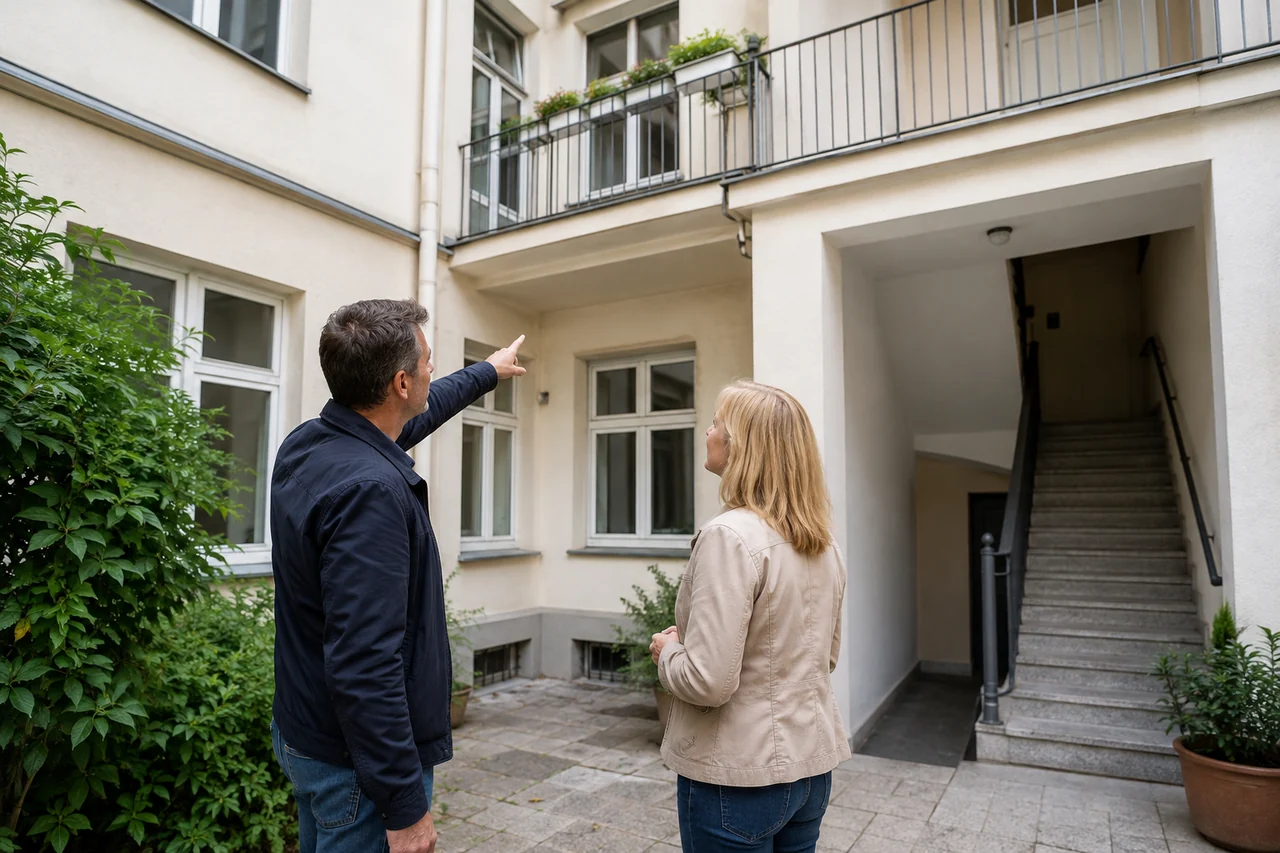 Kaufinteressent besichtigt mit einer Immobilienberaterin den Hof eines Mehrfamilienhauses